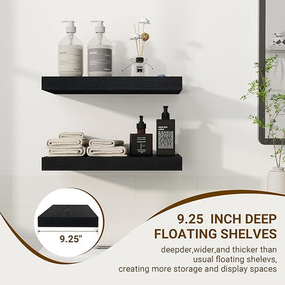 16 Inch Floating Shelves, 16"x9.25"x1.5" Inch Deep Floating Shelves for Wall, Wooden Shelves for Bathroom, Bedroom, Living Room, Black