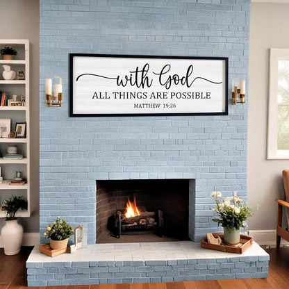 With God All Things are Possible Framed Wall Art, 40''×15'' Black Positive Religious Rustic Bible Verse for Christian God Jesus Christ Prayer, Holy Horizontal Inspirational Catholic Scripture Decor