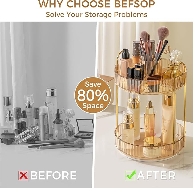 360° Rotating Makeup Organizer, Upgraded 2 Tier Skincare Perfume Organizers for Women, Bathroom Organizer Countertop, Clear Cosmetic Dresser Organizer with Makeup Brush Holder, Sink&Counter(Amber)