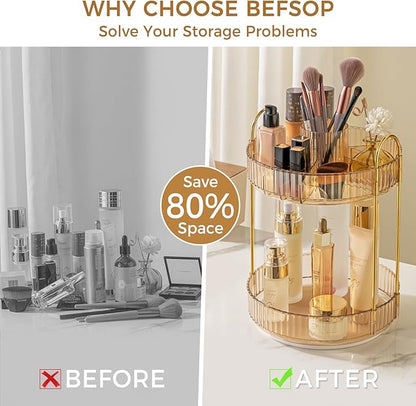 360° Rotating Makeup Organizer, Upgraded 2 Tier Skincare Perfume Organizers for Women, Bathroom Organizer Countertop, Clear Cosmetic Dresser Organizer with Makeup Brush Holder, Sink&Counter(Amber)