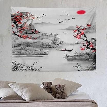 Cherry Blossoms Tapestry,Japanese Red Landscape Watercolor Abstract Art Tapestry,Asian Japanese Wall Tapestry, Nature Landscape Tapestries for Bedroom Living Room Decor 80"x60"