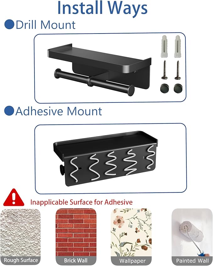 Double Toilet Paper Holder with Shelf, Commercial Toilet Paper Towel Holder Wall Mount, Tissue Roll Holder for Bathroom Kitchen RV, Double Tissue Roll Rack with Adhesive & Screw (Matte Black)