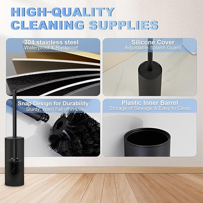 Toilet Brush and Holder Set, NEWRAIN 304 Stainless Steel Toilet Brush with Long Brush Handle, Matte Black Toilet Scrubber and Covered Holder, Round Design Sturdy and Space Saving, Covered Brush