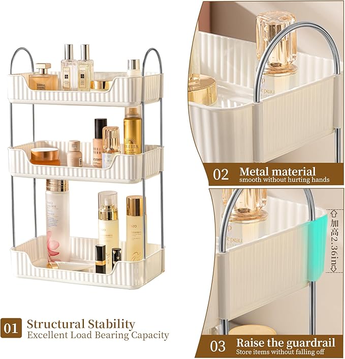 Bathroom Counter Cosmetic Organizer, 3 Tier-Cream White, Alloy Steel & PET Plastic, Rectangular, Tiered, Perfect for Toiletries & Cosmetics