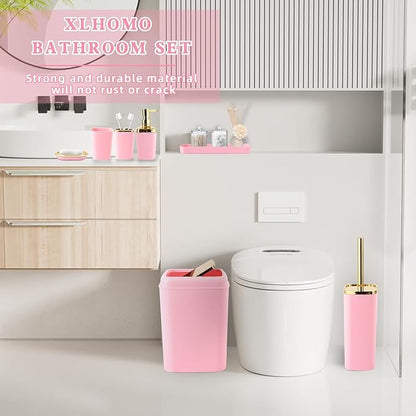 Pink Bathroom Accessories Set, Pink and Gold Bathroom Accessories with Trash Can, Soap Dispenser, Soap Dish, Toothbrush Holder and Q-tip Holders
