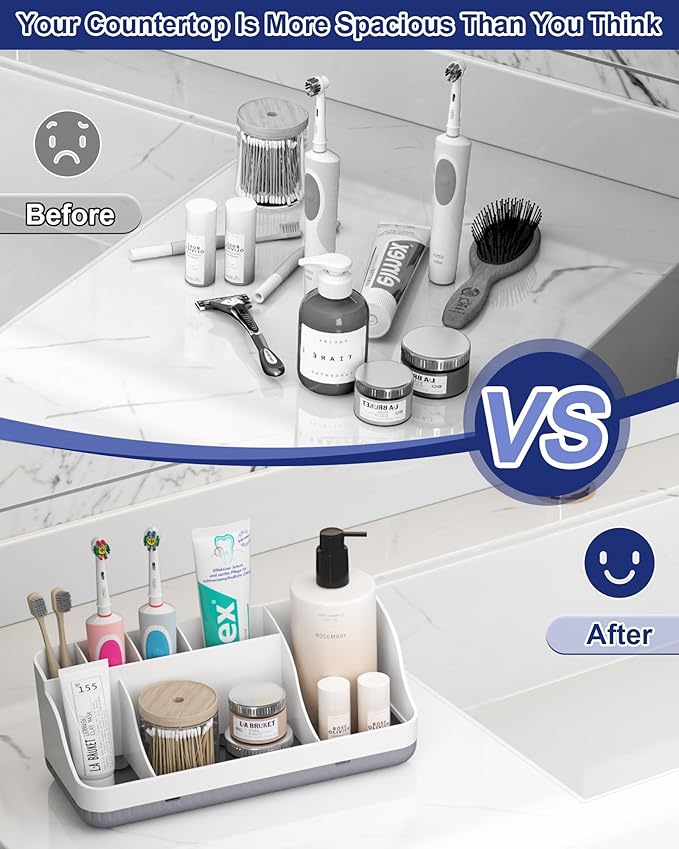 Bathroom Counter Organizer and Storage, 7 Slots Detachable Toothbrush Holders for Bathrooms, Anti-Slip Electric Toothbrush and Toothpaste Holder Countertop Vanity Organizer Accessories for Adults Kids