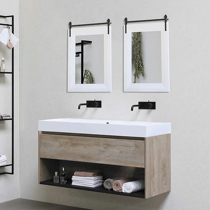 ALBAD Farmhouse Wood Framed Wall Mirror, Natural Wood and Framed Wall Mounted Bathroom Vanity Mirror for Farmhouse Decor, Vertical or Horizontal Hanging