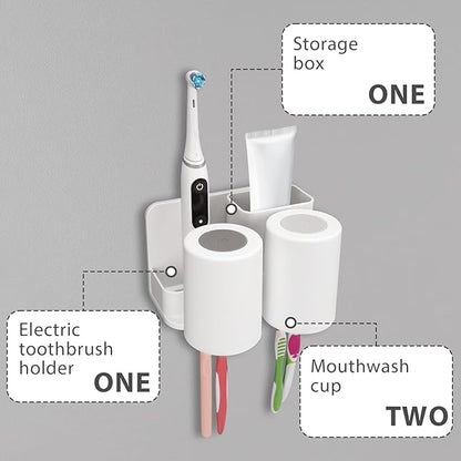 Toothbrush Holders with 2 Mouthwash Cup Wall Mounted for Bathrooms, 2 Slots Bathroom Organizer for Toothpaste, Electric Toothbrush, Razor, Floss, Self Adhesive Toothbrush Hanger Storage for Shower