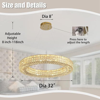 Dia 32" Ring Crystal Chandelier Modern Gold Chandelier Adjustable Height Luxury Crystal Pendant Ceiling Light Fixture for Dining Living Room Bedroom