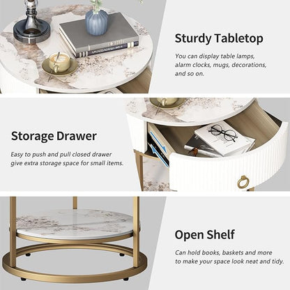 OIOG Round Side Table with Drawer, 2 Tier Night Stand with Shelf, Modern Side Table with Gold Legs for Living Room, Bedroom, Dorm, Marbling Natural Stone/Gold