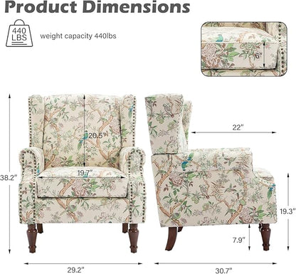UIXE High Back Accent Chairs Set of 2, Fabric Upholstered Armchair for Living Room, Retro Printed Wingback Arm Chair Rivet Trimed Single Sofa Bedroom Reading Seat - Bird Floral