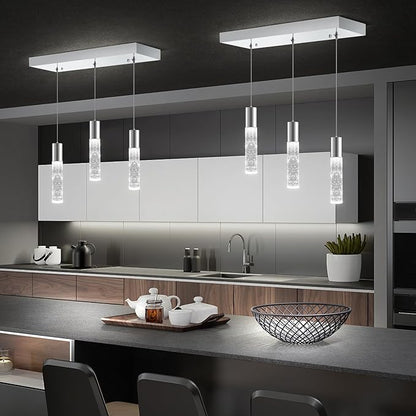 OKELI 3-Light Dimmable LED Pendant Lighting for Kitchen Island, 18W 1350LM Modern Crystal Bubble Island Light Fixture, 6000K Cool White, Adjustable Electro-Chrome Fixture, Easy Install, Square