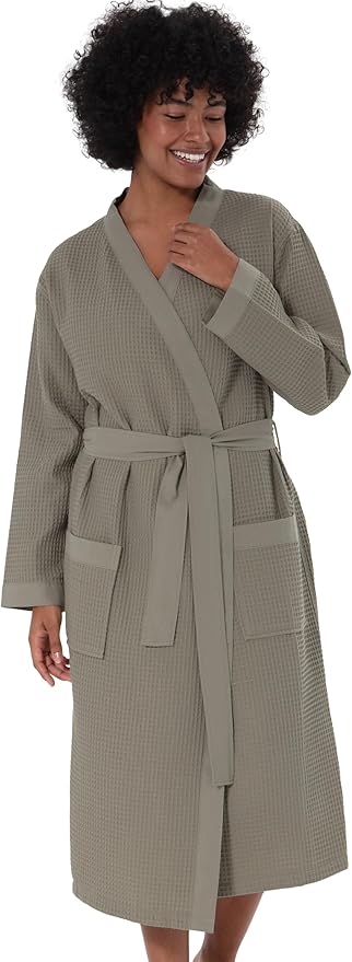 Women’s Luxury Waffle Shawl Collar, Hooded Robe w Piping – Lightweight, Long, Ultra Soft Spa Sleepwear Bathrobe