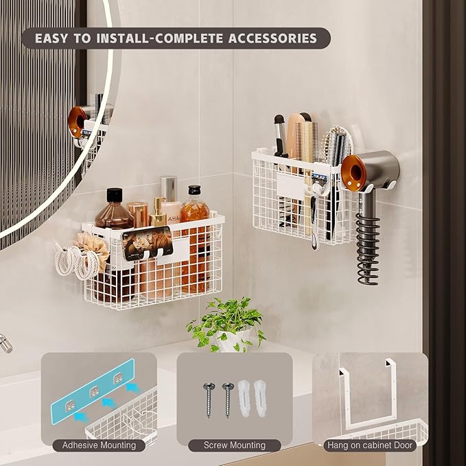 2 Pack Hair Tool Organizer,Adhesive Hair Dryer Holder Cabinet Door/Wall Mounted Adjustable Height Blow Dryer Holder Under Sink Bathroom Hair Appliance Organizer and Storage Countertop(White)