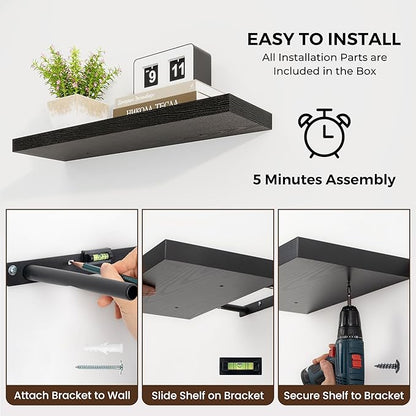 48 inch Floating Shelves for Wall Large Wall Mounted Shelves with Invisible Brackets, Black Long Shelves for Bathroom, Living Room, Kitchen, Office, 48x9.1 inch deep Set of 2