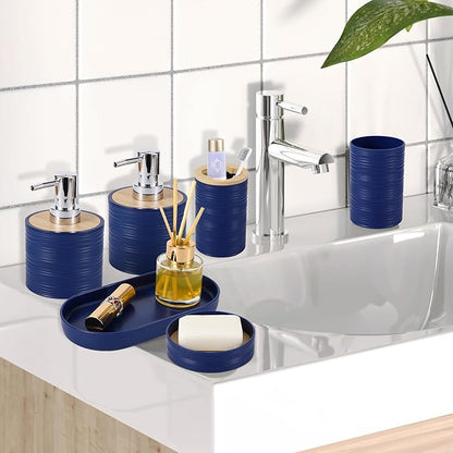 Blue Bathroom Set, Navy Blue Bathroom Accessories Set with Trash Can, 2PCS Soap Dispensers, Soap Dish, Toothbrush Holder, Toothbrush Cup,Toilet Brush, Tray and Qtip Holders for Bathroom Decor