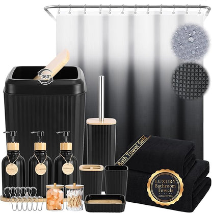 32PCS Bathroom Set Bathroom Accessories with Shower Curtain and Bath Towel,Trash Can,Bathroom Decor,Black Shower Curtain Set,Toilet Brush,Trash Can & 3PCS Soap Dispenser