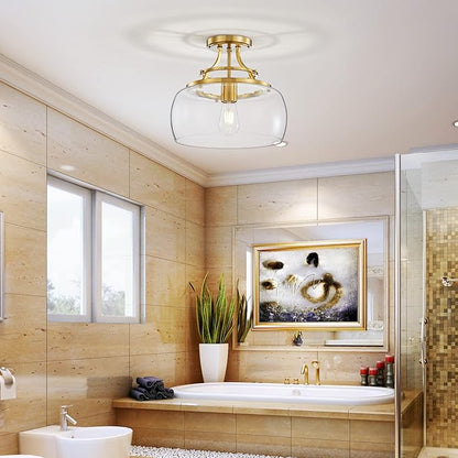 WUZUPS Chandelier Rustic Farmhouse Industrial Round Semi-flushmount Ceiling LED Light Fixture with Clear Glass Shades for Bathroom Kitchen Foyer Entryway, H 11.8" x W 13.4", E26 Base, Brushed Gold