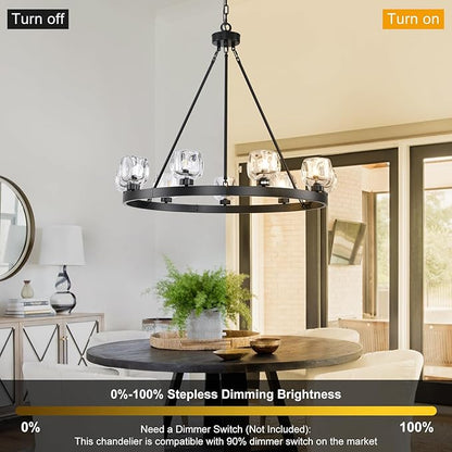 Black Wagon Wheel Chandelier, 36 Inch Black Chandeliers with Unique Glass Shade, 9-Light Crystal Farmhouse Wagon Wheel Chandeliers for Dining Room, Round Chandelier for Living Room, Foyer, Entryway