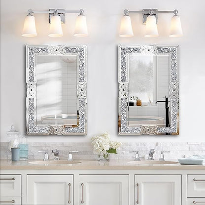 Crushed Diamond Decorative Wall Mirrors, 27.7x39.5 Inch Rectangle Living Room Mirrors for Wall Decor, Modern Glam Bathroom Dining Room Entryway Mirror Silver