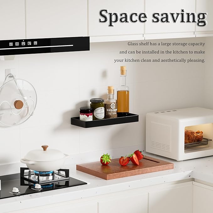 Alise Glass Bathroom Shelf,Black 11.8 Inch Rectangular Floating Shelves for Bathroom, Showers, Vanities, Kitchens,SUS304 Stainless Steel Glass Shelf for Toilet Room Decoration