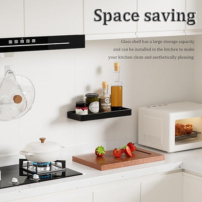 Alise Glass Bathroom Shelf,Black 11.8 Inch Rectangular Floating Shelves for Bathroom, Showers, Vanities, Kitchens,SUS304 Stainless Steel Glass Shelf for Toilet Room Decoration