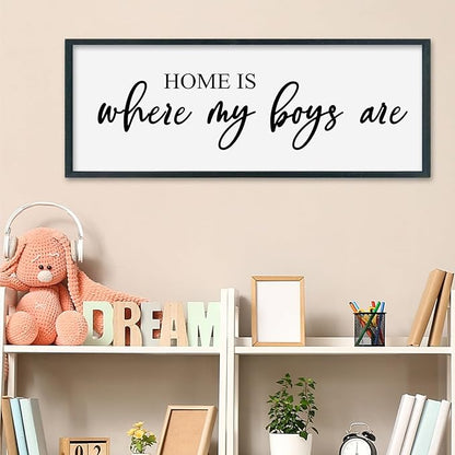 SRSZHIYUE Home Is Where My Boys Are Sign Wall Art Decor 40"×15" for Family Bedroom Large Wood Framed Wall Hanging (Black)