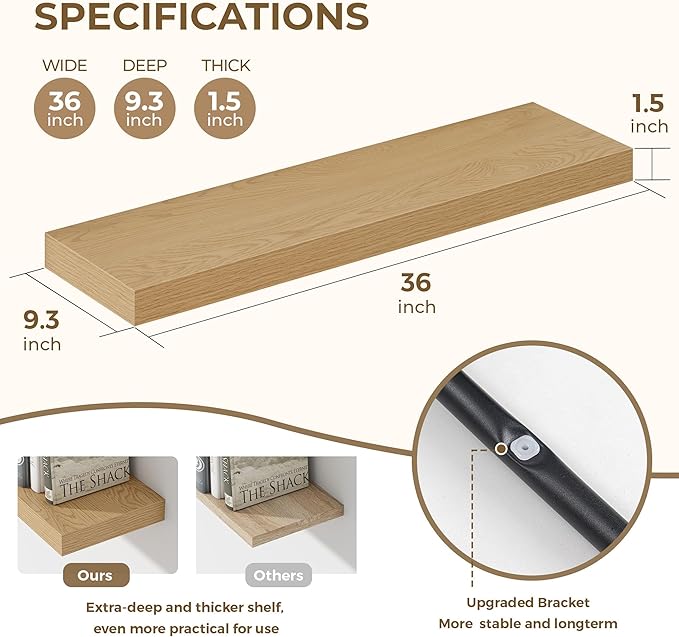 36 Inches Floating Shelves for Wall, 9.3" Deep Long Floating Shelves Set of 2, Large Display & Storage Shelf, Wall Shelf for Bathroom Bedroom Living Room Kitchen Office, Oak