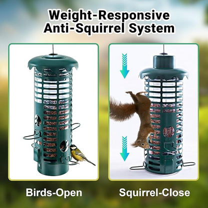 Squirrel Proof Bird Feeder Metal Mesh for Outdoors Hanging,Weight Activated Weatherproof Wild Bird Feeders with Finch Cardinal Chickadee,Large Capacity(Green)