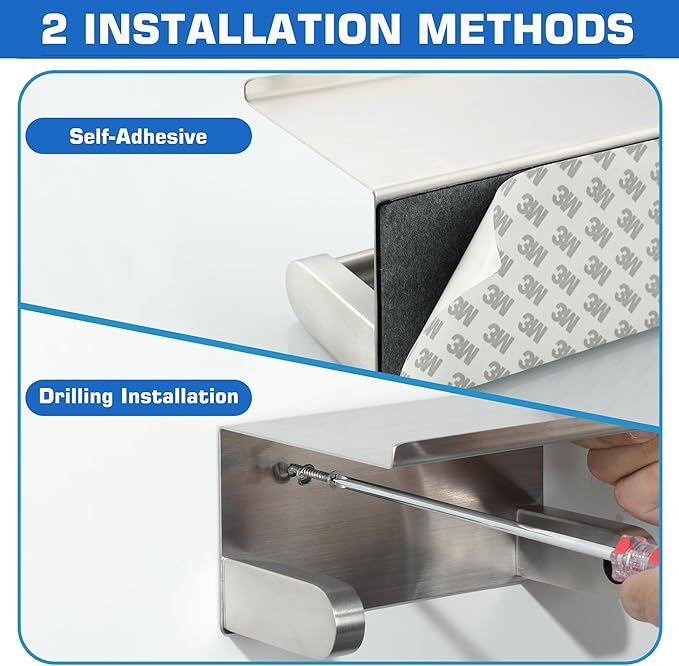 Alise Toilet Paper Holder,Double Post Paper Holder SUS304 Stainless Steel Toilet Paper Roll Holder with Shelf Spring Loaded Tissue Holder (Adhesive or Screw),Brushed Nickel