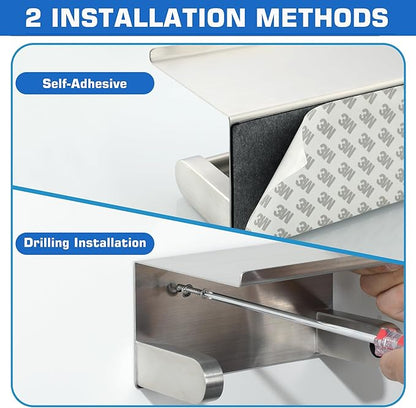 Alise Toilet Paper Holder,Double Post Paper Holder SUS304 Stainless Steel Toilet Paper Roll Holder with Shelf Spring Loaded Tissue Holder (Adhesive or Screw),Brushed Nickel