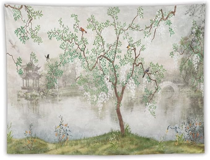 HZOHNAGO Japanese Tapestry Tree Misty Garden Lake Printed Wall Tapestry Ink Painting Wall Hanging for Bedroom Living Room Dorm 80" W x 60" H
