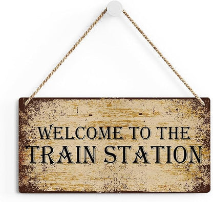 SENJIAN Rustic Train Station Wood Decor Sign, Retro Welcome to the Train Station Printed Wood Sign Wall Art, Hanging Door Sign, Decorative Wood Sign Home Decor 12" x 6"
