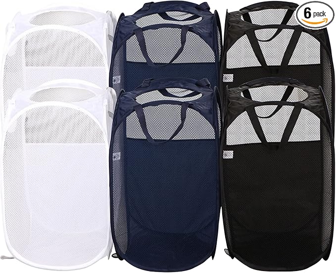 AQQA 6 Pcs Handy Laundry Collapsible Mesh Foldable Hampe (Black/White/Blue),Popup Laundry Basket with Durable Handles,Pop-up Mesh Hamper Dirty Clothes Basket for Kids Room, College Dorm or Travel