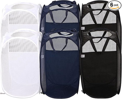 AQQA 6 Pcs Handy Laundry Collapsible Mesh Foldable Hampe (Black/White/Blue),Popup Laundry Basket with Durable Handles,Pop-up Mesh Hamper Dirty Clothes Basket for Kids Room, College Dorm or Travel