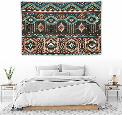 HZOHNAGO Aztec Tapestry Turquoise Blue and Brown and Native American Tribal Pattern Printed Wall Tapestry Wall Hanging for Bedroom Living Room Dorm 90" W x 60" H