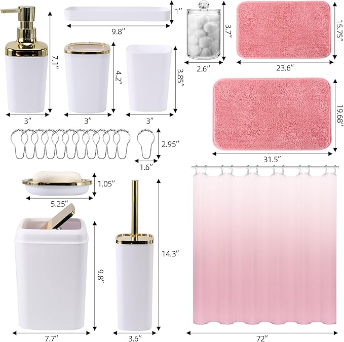 24Pcs White Bathroom Set with Shower Curtain and Rug and Accessories, White Bathroom Accessories with Trash Can,Soap Dispenser,Soap Dish,Toilet Brush,Toothbrush Holder and Cup,Q-Tip Holders