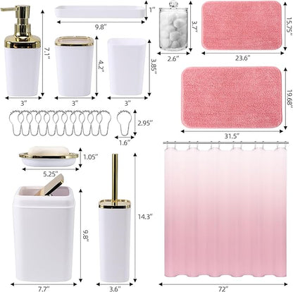 24Pcs White Bathroom Set with Shower Curtain and Rug and Accessories, White Bathroom Accessories with Trash Can,Soap Dispenser,Soap Dish,Toilet Brush,Toothbrush Holder and Cup,Q-Tip Holders