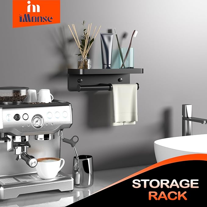 Double Toilet Paper Holder with Shelf, Commercial Toilet Paper Towel Holder Wall Mount, Tissue Roll Holder for Bathroom Kitchen RV, Double Tissue Roll Rack with Adhesive & Screw (Matte Black)