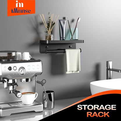 Double Toilet Paper Holder with Shelf, Commercial Toilet Paper Towel Holder Wall Mount, Tissue Roll Holder for Bathroom Kitchen RV, Double Tissue Roll Rack with Adhesive & Screw (Matte Black)