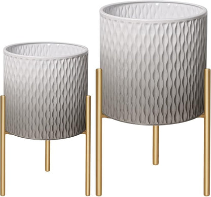 ARNIS Plants Pots with Stand,Set of 2 Flower Pots, Unique Mid Century Decorative Metal Flower Pots with Drainage,10.5&12.25 Inch, Grey and White