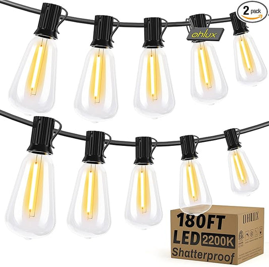 OHLUX Exterior Hanging Lights,180FT Connectable Outside Patio Lights with 94 Shatterproof ST38 LED Vintage Bulbs,2200K Connectable & Waterproof for Deck Porch Bistro Gazebos Balcony Pool(120FT+60FT)