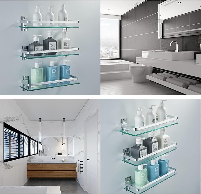 AIJALY 2 Pack Bathroom Glass Shelf,15.7 Inches Silver Bathroom Shower Glass Shelf Wall-Mounted, Metal Storage Floating Kitchen Shelf