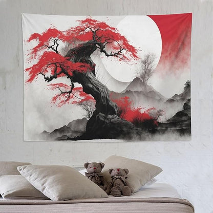 Cherry Blossoms Tapestry,Japanese Red Landscape Asian Watercolor Abstract Art Tapestry,Japanese Wall Tapestry, Nature Landscape Tapestries for Bedroom Living Room Decor 80"x60"