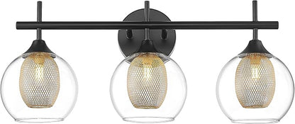 Bathroom Light Fixtures, 3-Light Black and Gold Vanity Lights Over Mirror, Farmhouse Wall Sconce Lighting with Clear Glass and Honeycomb Metal Shade, AD-22001-3W-BK