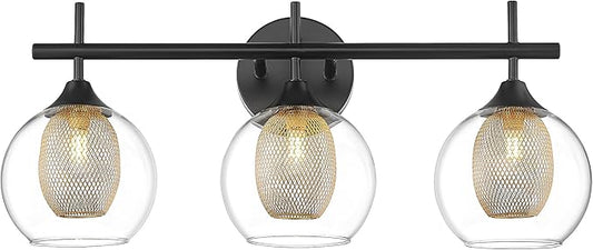 Bathroom Light Fixtures, 3-Light Black and Gold Vanity Lights Over Mirror, Farmhouse Wall Sconce Lighting with Clear Glass and Honeycomb Metal Shade, AD-22001-3W-BK