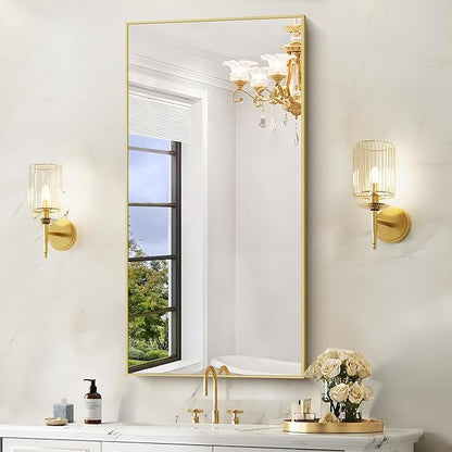 48x24In Gold Bathroom Mirror for Wall, Brushed Gold Rectangle Mirrors with Metal Frame, Bathroom Rectangular Mirror Modern Wall Mirror for Bedroom Living Room, Hangs Horizontal or Vertical