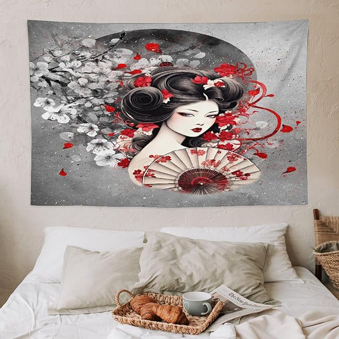 Japanese Geisha Tapestry Asian Red Cherry Blossom Red Sun Traditional Kimono Folk Tapestries Home Decor for Living Room Bedroom Apartment Farmhouse Dorm 60"x40"