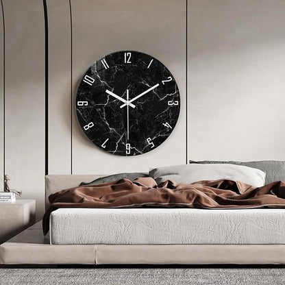 Oversized Decorative Clocks Battery Operated 24 Inch Marble Black Wall Clock for Office Round Non Ticking Wall Clock Silent