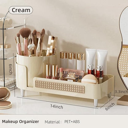 Rotating Makeup Organizer Countertop,Large Capacity Makeup Organizers for Vanity,2 in 1 makeup storage organizer for Bathrooms,Cosmetic Display Case(Cream)